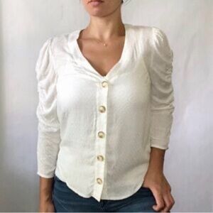 Maeve by Anthropologie Ruched Sleeve Ivory Button-Down Blouse